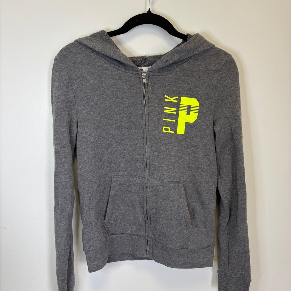 Victoria's Secret Pink Gray Hoodie with Neon Yellow Accent